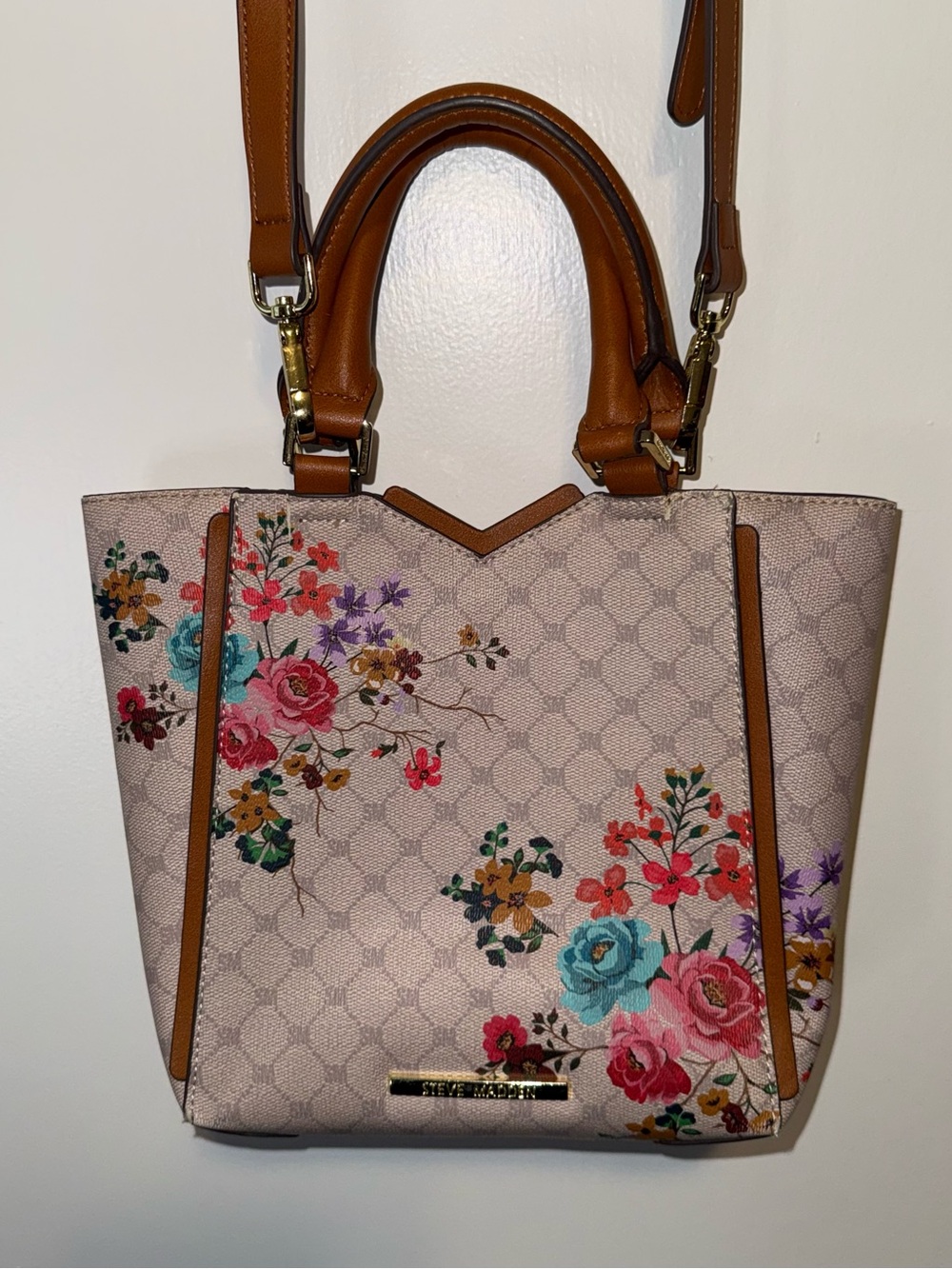 Steve Madden Floral Satchel with Tan Trim and Multicolor Blooms